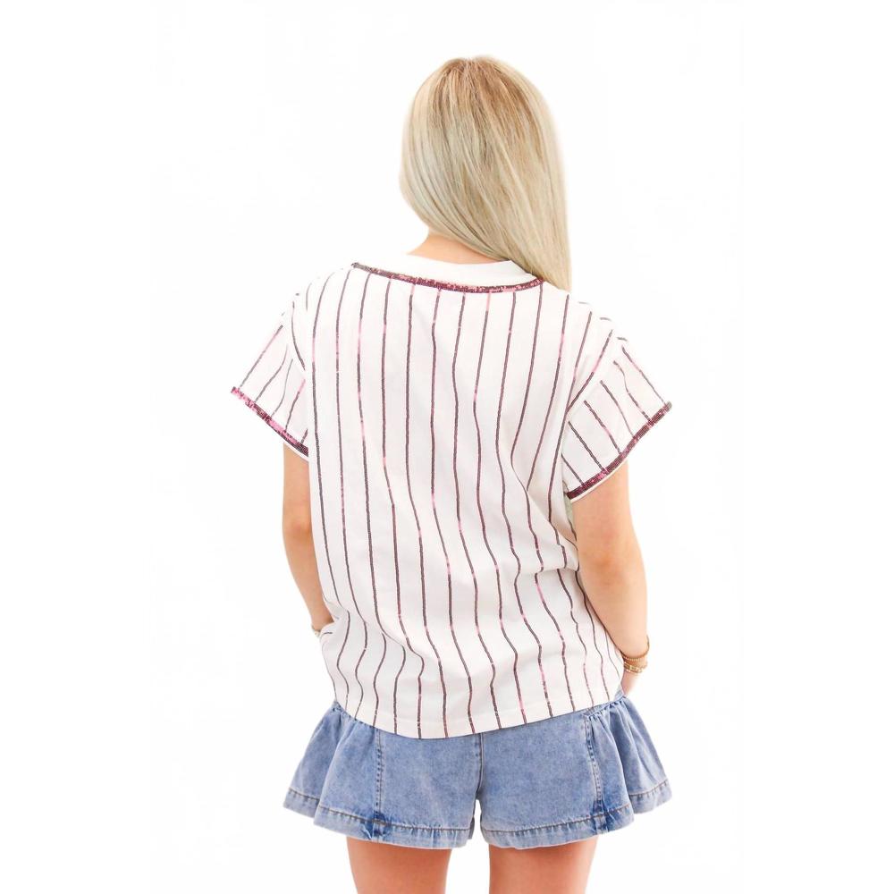 QUEEN OF SPARKLES White and Maroon Striped Tee - Picture 2 of 3